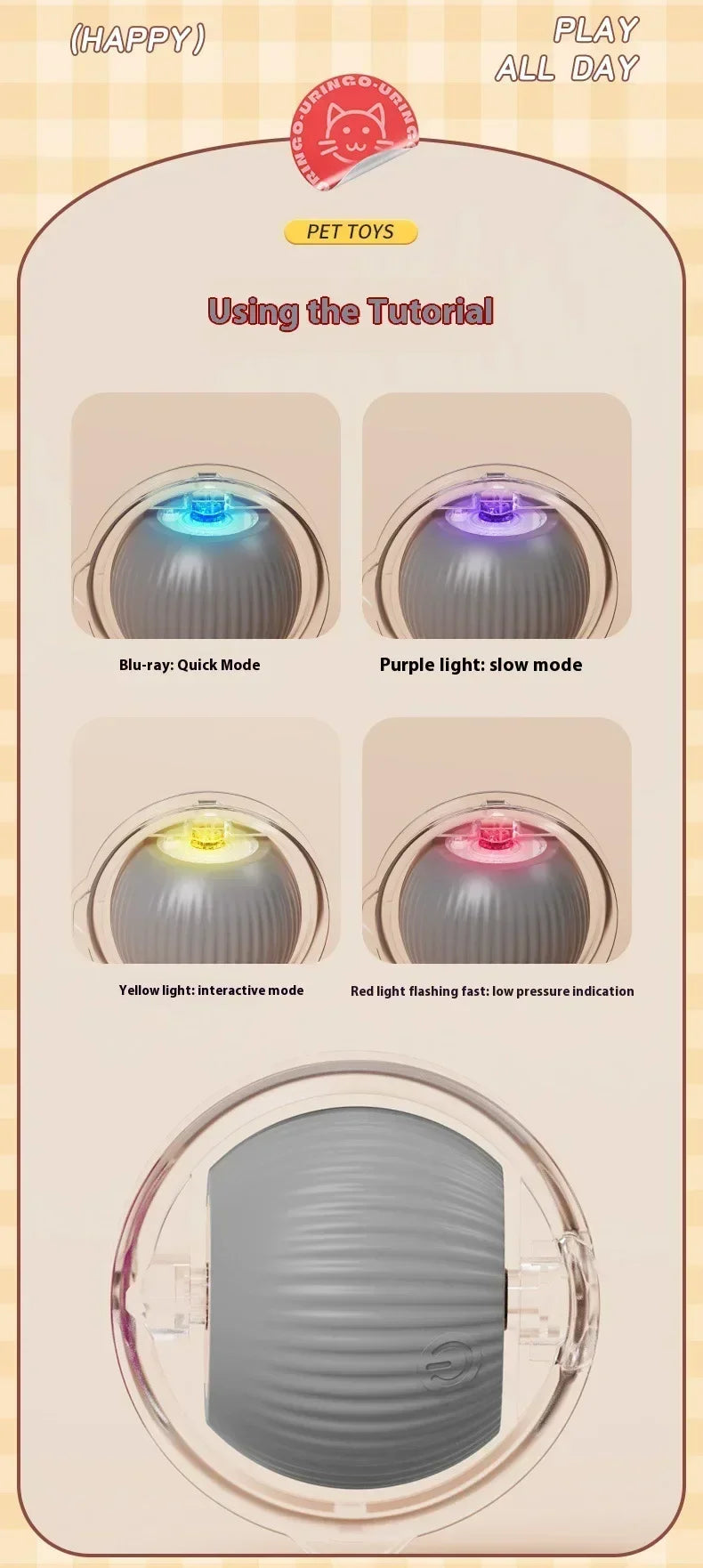 Rechargeable Cat Toy Automatic Rolling Ball with Simulated Tail Electric Pet Interactive Toy for Cats & Dogs
