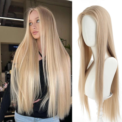 Synthetic Linen Long Straight Hair Wig with Bangs & Curly Ponytail Extensions