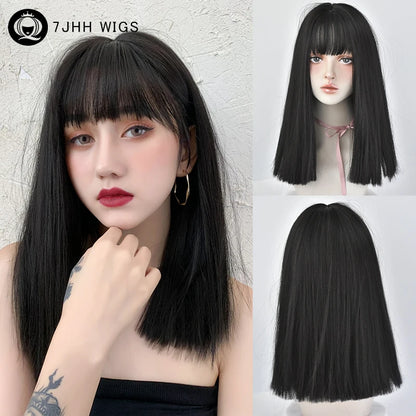 Straight Layered Blonde Wig with Neat Bangs - High Density Synthetic Hair for Women