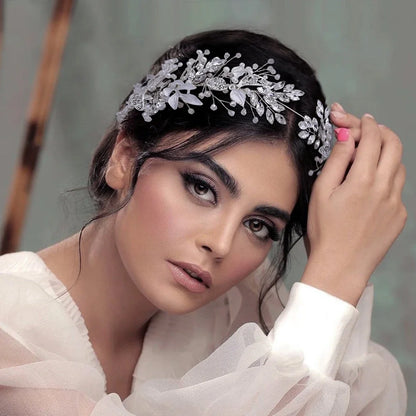 Bridal Hair Accessories - Crystal Pearl Rhinestone Tiara Headband with Leaf Design for Women