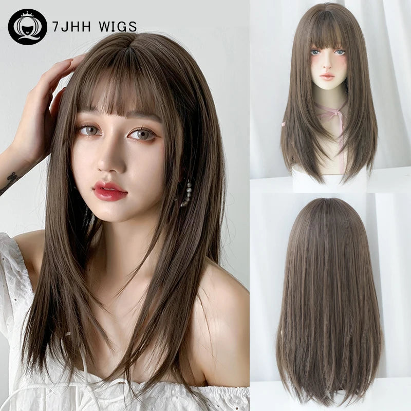 Straight Layered Blonde Wig with Neat Bangs - High Density Synthetic Hair for Women
