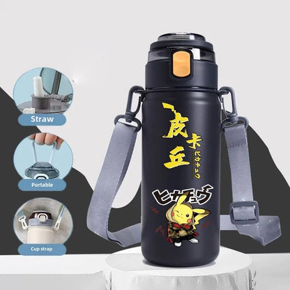 620ML Pikachu Stainless Steel Thermos Bottle – Anime Vacuum Flask with Rope and Large Capacity