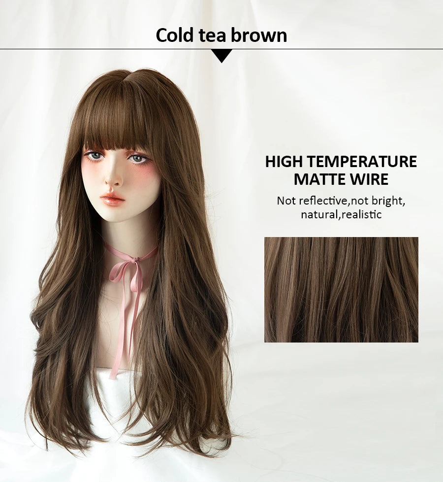 7JHH Popular Brown Ash Long Deep Wave Wig with Bangs for Women