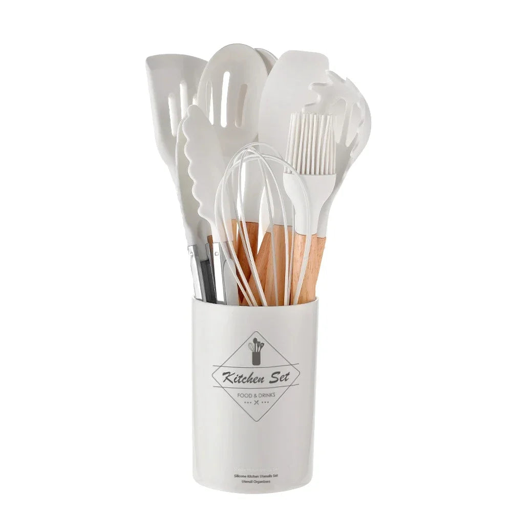 12Pcs Silicone Cooking Utensils Set with Wooden Handle, Non-Stick Kitchen Tools