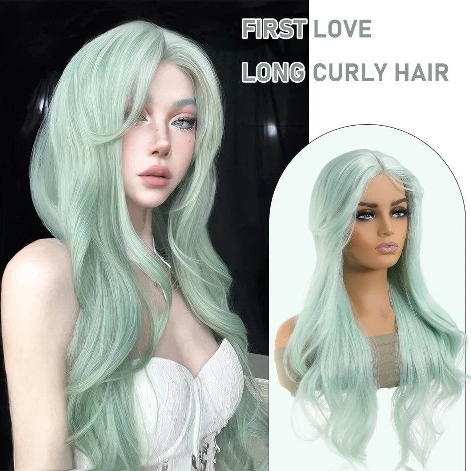 Synthetic Linen Long Straight Hair Wig with Bangs & Curly Ponytail Extensions