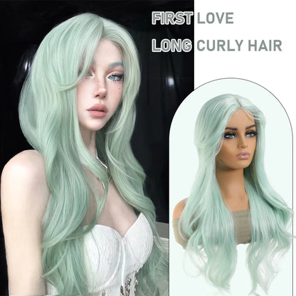 Synthetic Linen Long Straight Hair Wig with Bangs & Curly Ponytail Extensions