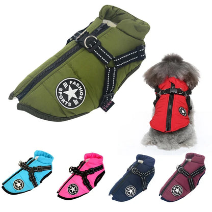 Large Pet Dog Jacket with Harness – Winter Warm Waterproof Coat for Big Dogs & Small Breeds