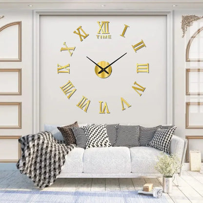 3D Acrylic Digital Wall Clock - Roman Numerals Mirror Design, Large Round DIY Self-Adhesive Clock