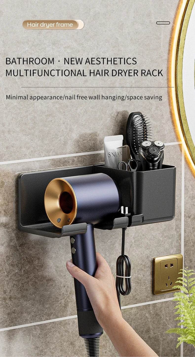 Wall-Mounted Hair Dryer Holder, Organizer Box & Straightener Stand for Bathroom Accessories