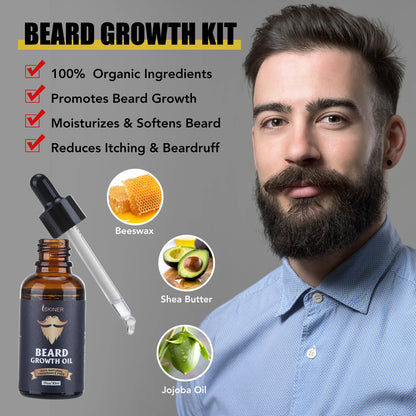 Beard Growth Kit for Men - Essential Oil, Moisturizing Wax, Growth Roller, Comb, and Styling Scissors for Beard Care