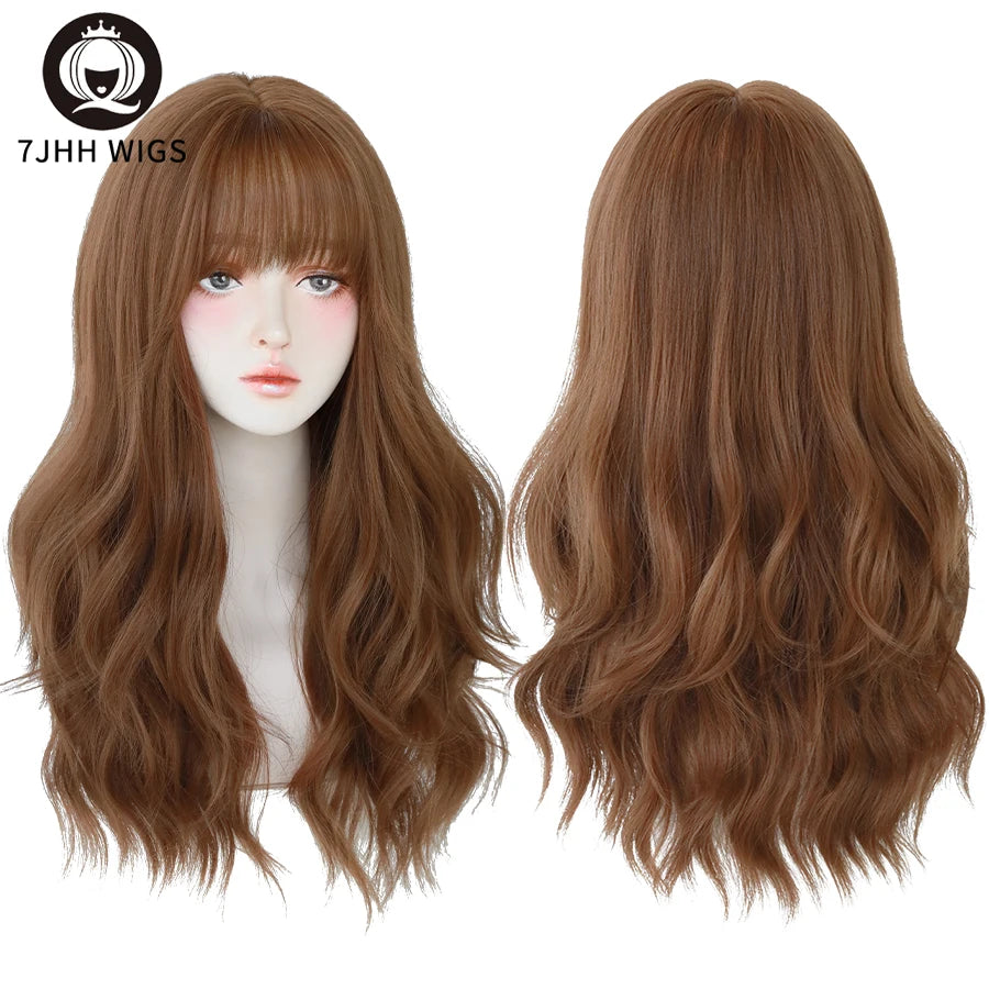 7JHH Popular Brown Ash Long Deep Wave Wig with Bangs for Women