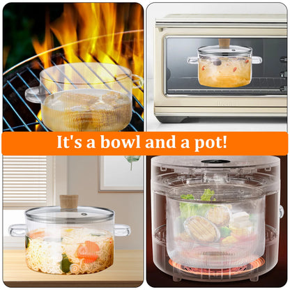 1.6L Glass Saucepan with Lid and Dual Handles, Heat Resistant Soup Pot