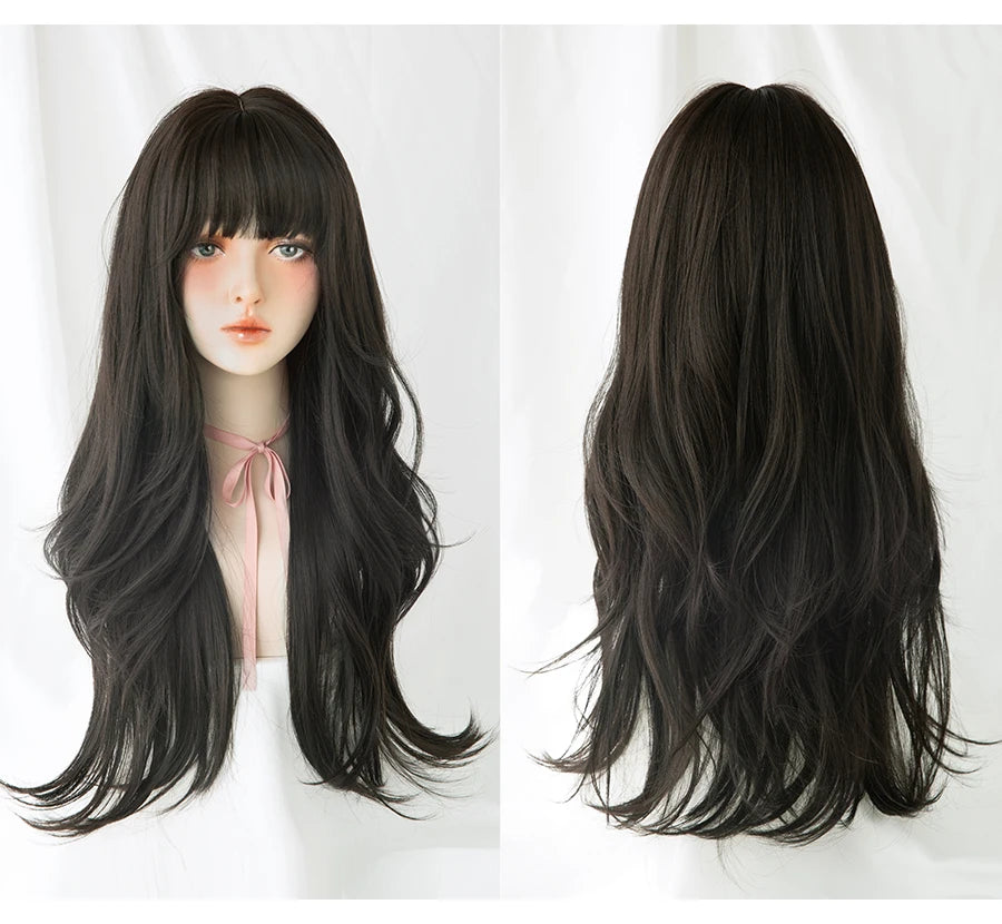 7JHH Popular Brown Ash Long Deep Wave Wig with Bangs for Women