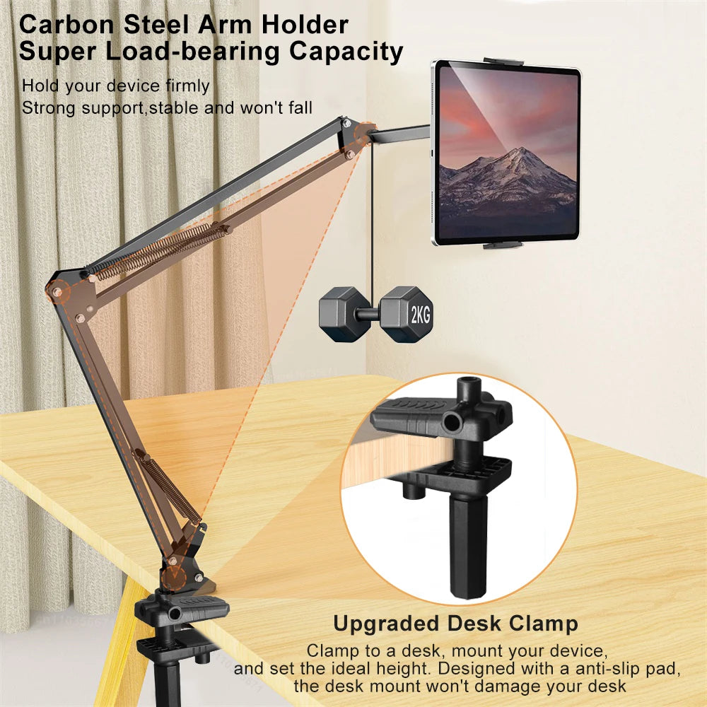 Tablet Stand Holder for Bed - Adjustable Rotatable Long Arm Mount for 4-12.9" iPad Pro, Samsung Tab, Xiaomi Pad