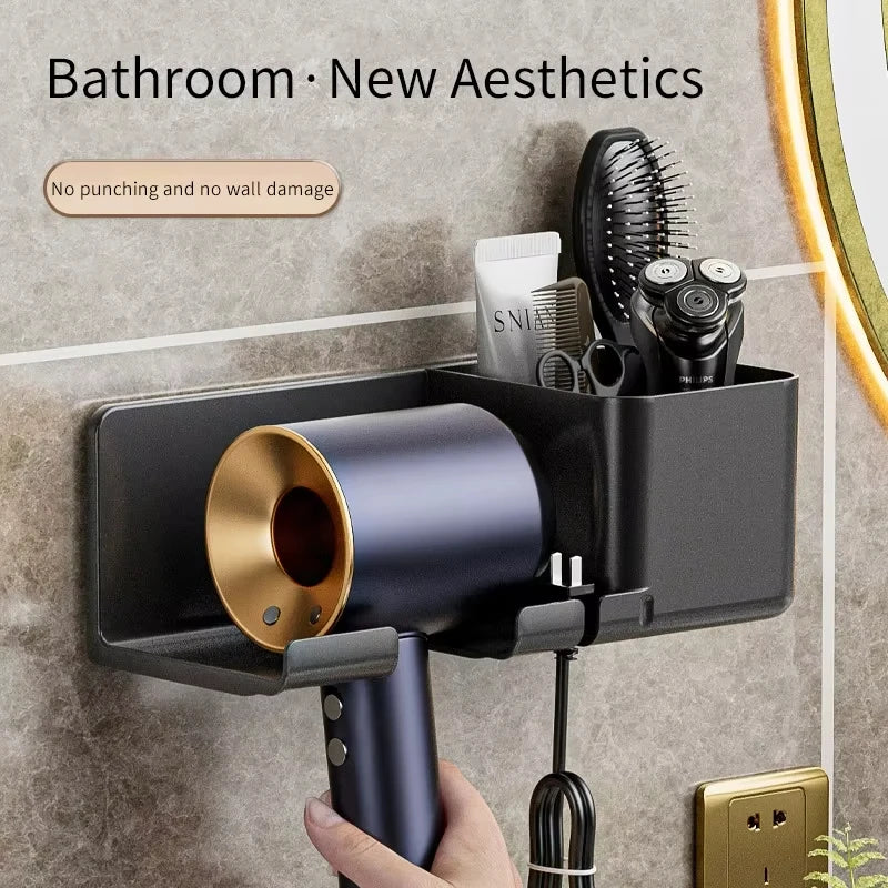 Wall-Mounted Hair Dryer Holder, Organizer Box & Straightener Stand for Bathroom Accessories