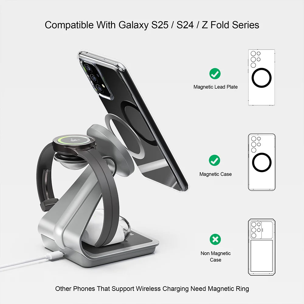 Bonola Magnetic 3-in-1 Wireless Charger Station - 25W Fast Charging Stand for Samsung S24 Ultra/S25, Galaxy Watch 7/6/5 & Earbuds