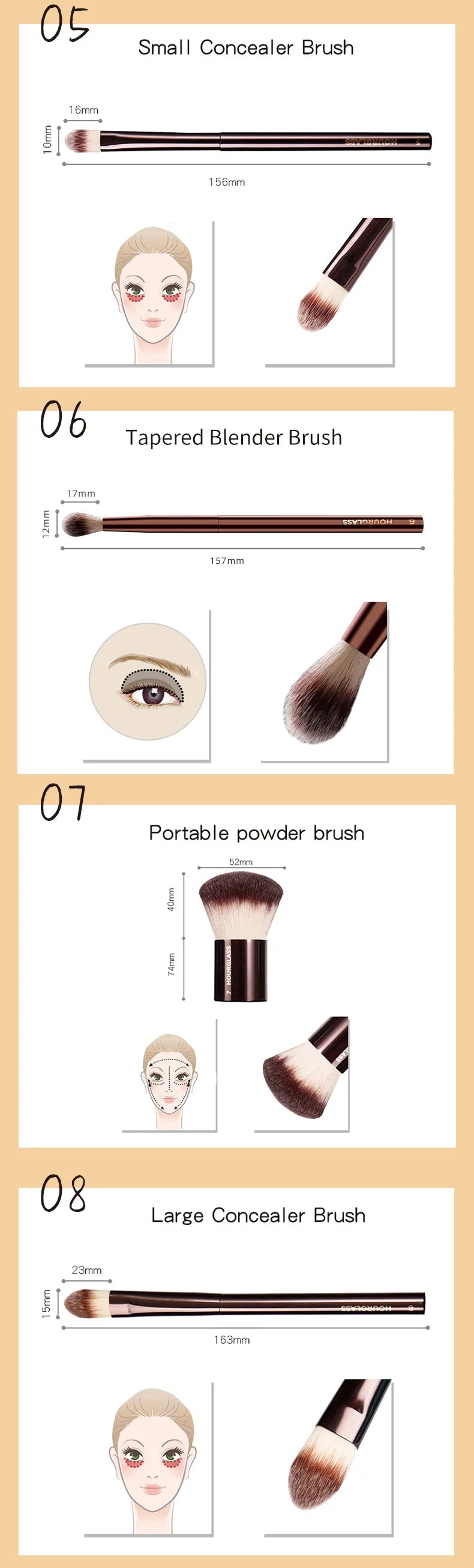 Hourglass Makeup Brush Set – Powder, Foundation, Concealer, Lip, Blusher, Bronzer & Eyeshadow Brushes