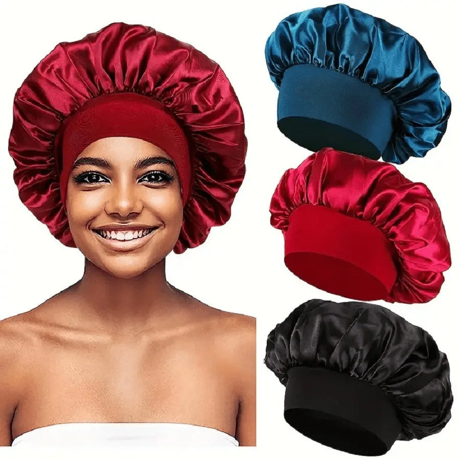 1PC Women's Satin Bonnets - Wide-Brimmed Night Sleeping & Bathing Hat with Elastic Band for Hair Care
