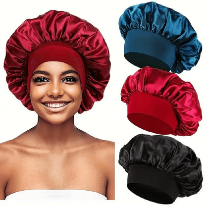 1PC Women's Satin Bonnets - Wide-Brimmed Night Sleeping & Bathing Hat with Elastic Band for Hair Care