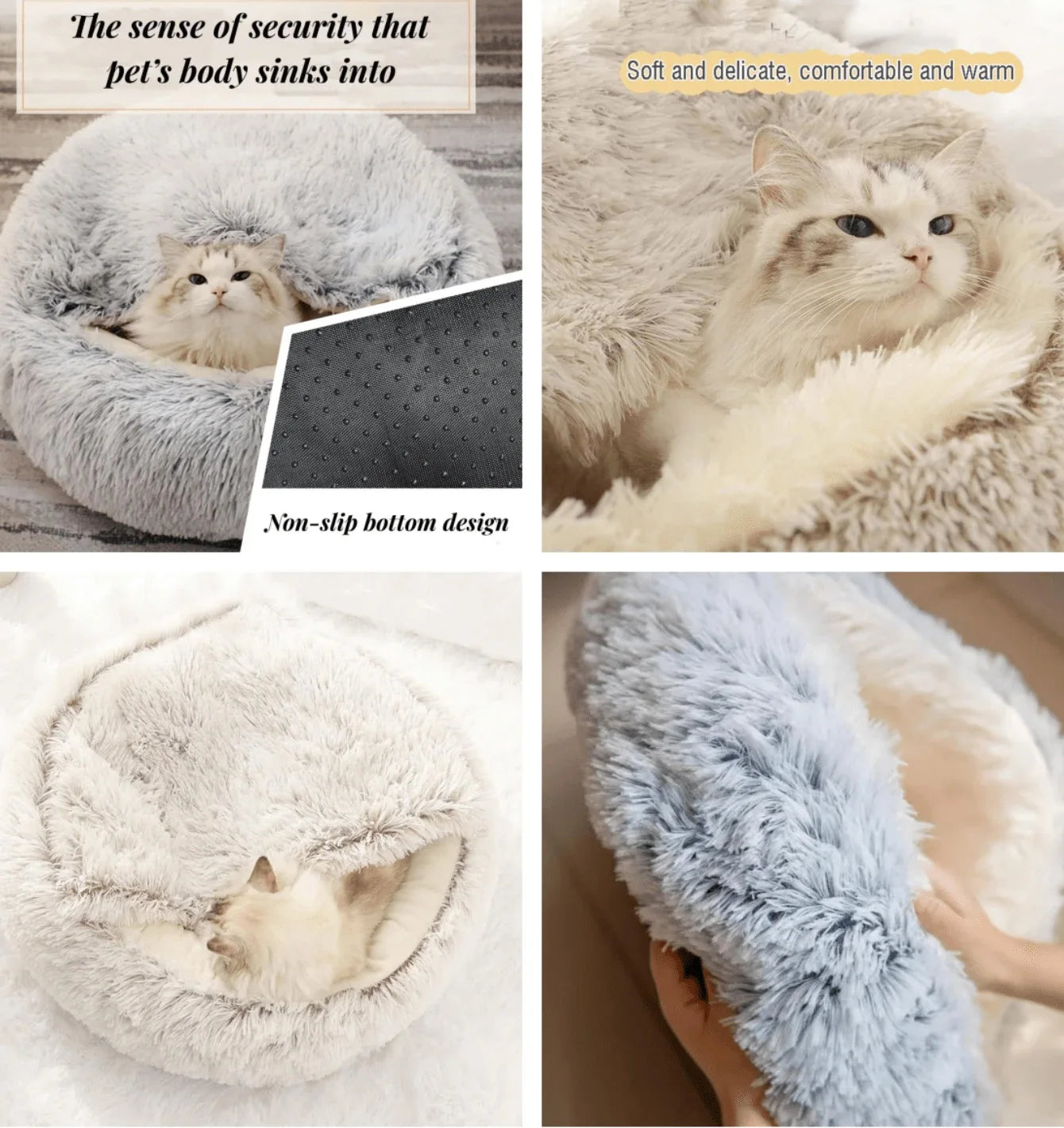 Plush Hooded Pet Bed – 2-in-1 Fluffy Sleeping Nest for Cats & Small Dogs