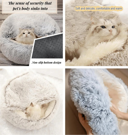 Plush Hooded Pet Bed – 2-in-1 Fluffy Sleeping Nest for Cats & Small Dogs