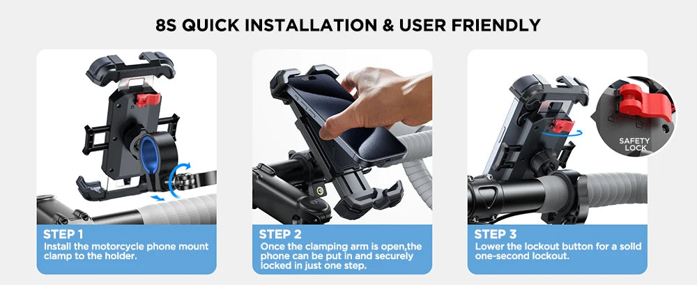 Joyroom Motorcycle Phone Mount - Upgraded Ultra-Stable Bike Holder for Handlebar, Scooter, and Bicycle Clamp