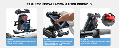 Joyroom Motorcycle Phone Mount - Upgraded Ultra-Stable Bike Holder for Handlebar, Scooter, and Bicycle Clamp