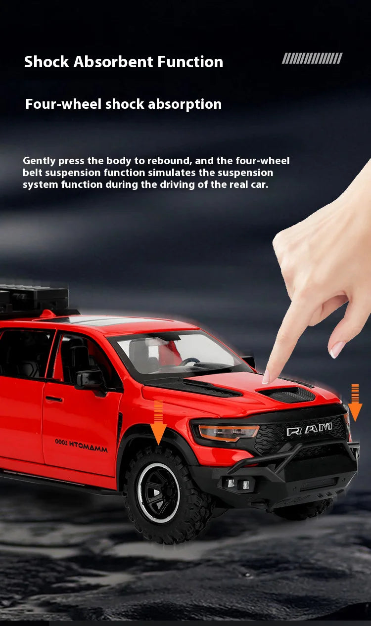 1/32 RAM 1000 TRX Mammoth Pickup Alloy Car Model with Sound and Light Pull Back Toy for Kids Collectibles Birthday Gift