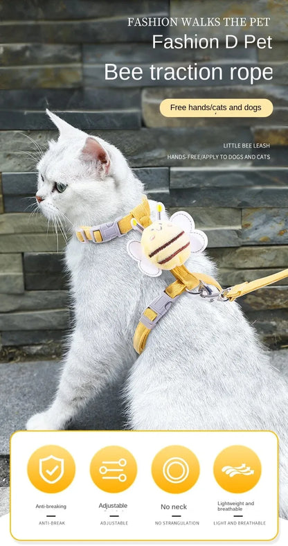 Adjustable Cat Harness, Leash & Collar Set with Cartoon Bee Design for Small & Medium Pets