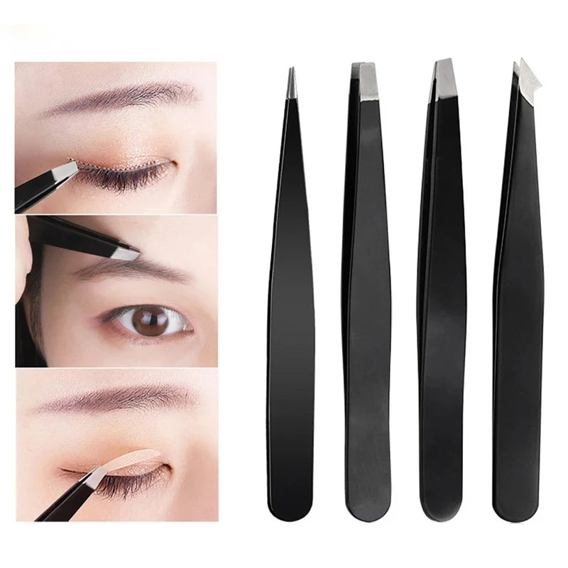 Hair Removal Tweezers Stainless Steel - Pink Slanted & Black Tip for Eyebrows and Face