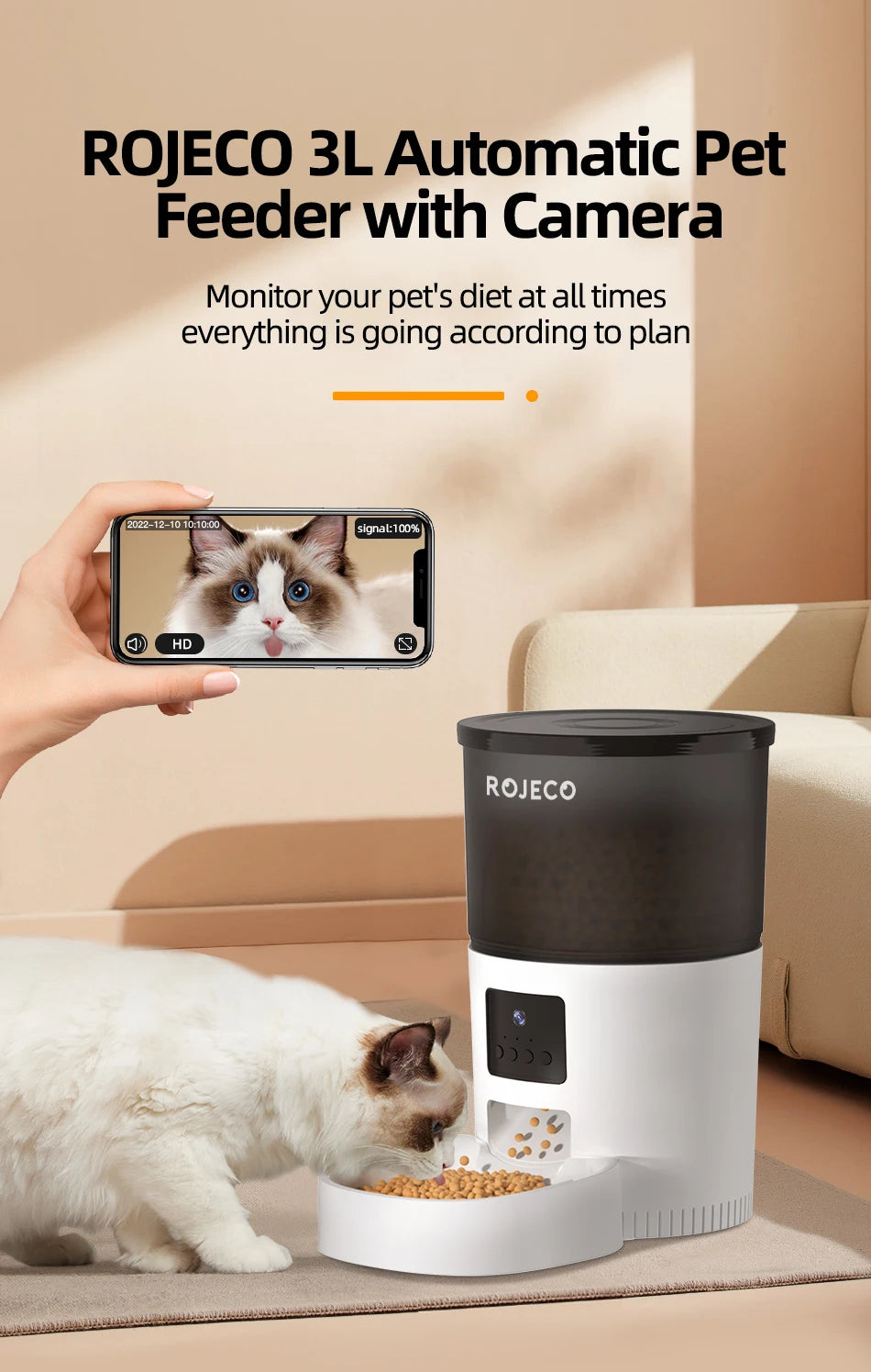 ROJECO Automatic Cat Feeder with Camera & Smart Voice Recorder for Cats & Dogs
