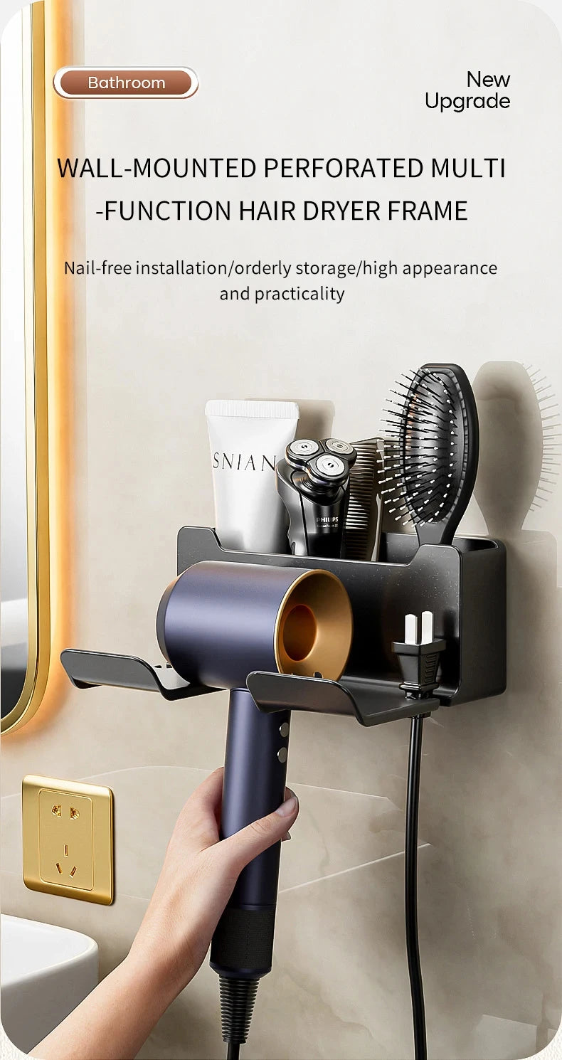 Wall-Mounted Hair Dryer Holder, Organizer Box & Straightener Stand for Bathroom Accessories