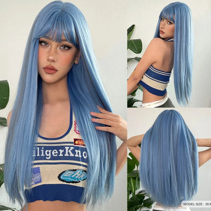 Long Silky Straight Black Synthetic Wig with Bangs for Cosplay & Party