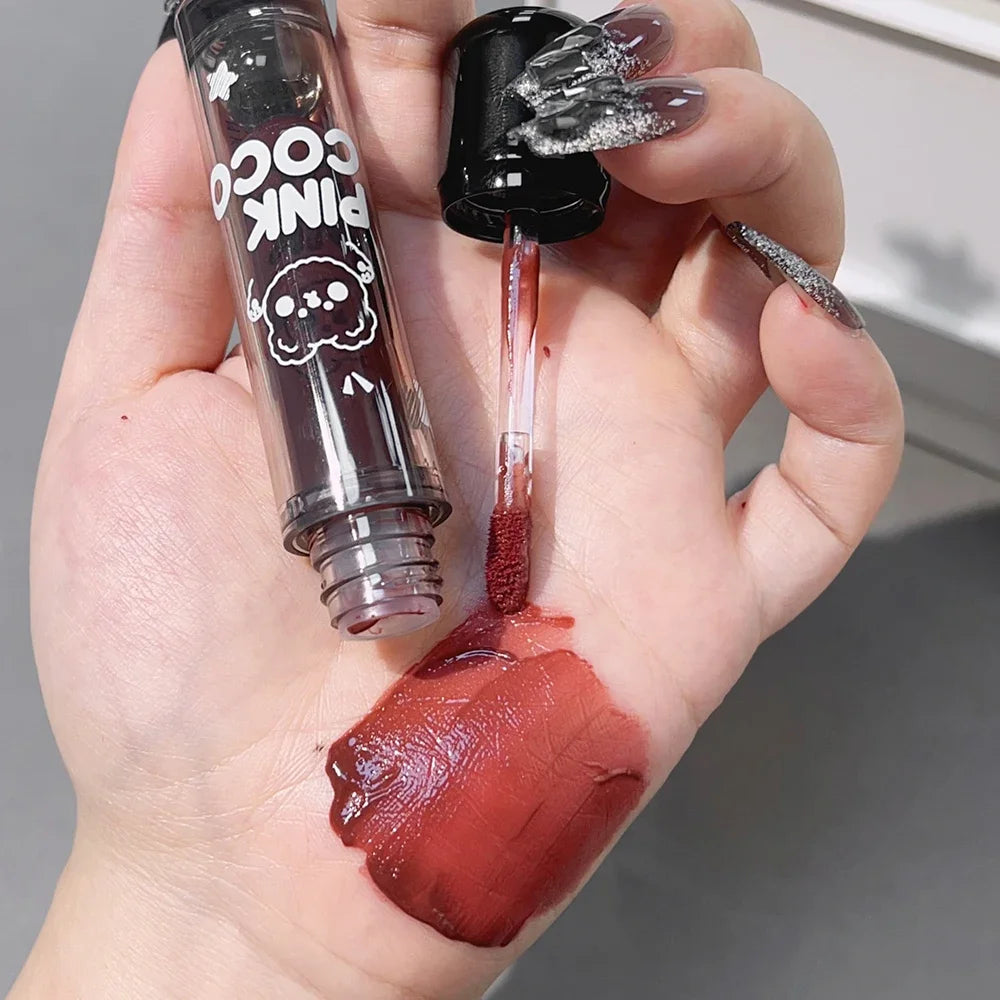 Dark Black Mirror Water Lip Gloss - Moisturizing, Long-Lasting Non-Stick Cup Lipstick in Tea Brown & Red