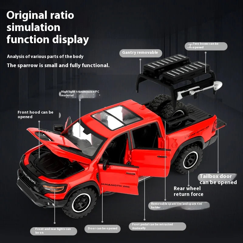 1/32 RAM 1000 TRX Mammoth Pickup Alloy Car Model with Sound and Light Pull Back Toy for Kids Collectibles Birthday Gift