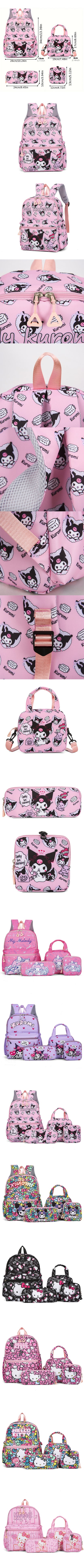 4pcs Kuromi & Hello Kitty Sanrio School Bag Set with Backpack, Pencil Case, Shoulder Bag, Wallet