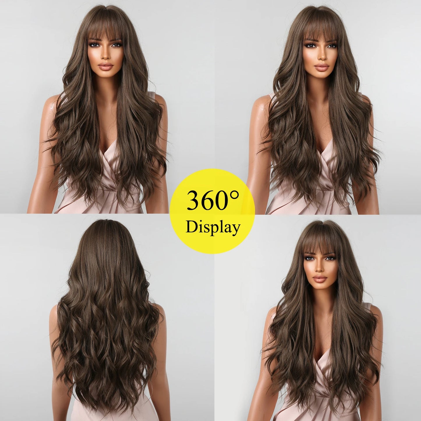 Brown Wavy Wig with Bangs for Women Heat-Resistant Synthetic Hair Cosplay