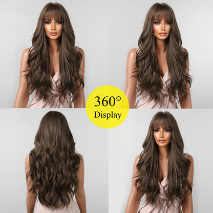 Brown Wavy Wig with Bangs for Women Heat-Resistant Synthetic Hair Cosplay