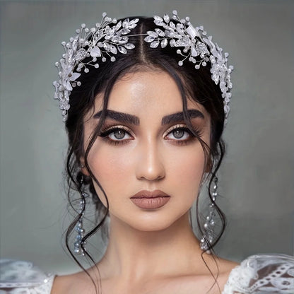 Bridal Hair Accessories - Crystal Pearl Rhinestone Tiara Headband with Leaf Design for Women