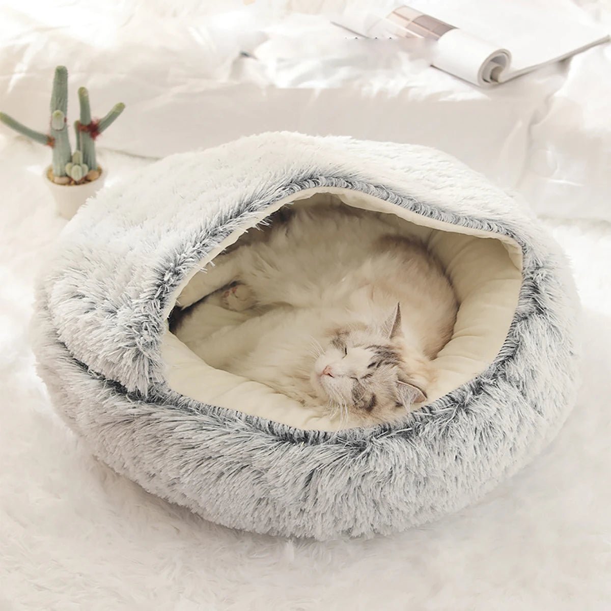 Plush Hooded Pet Bed – 2-in-1 Fluffy Sleeping Nest for Cats & Small Dogs