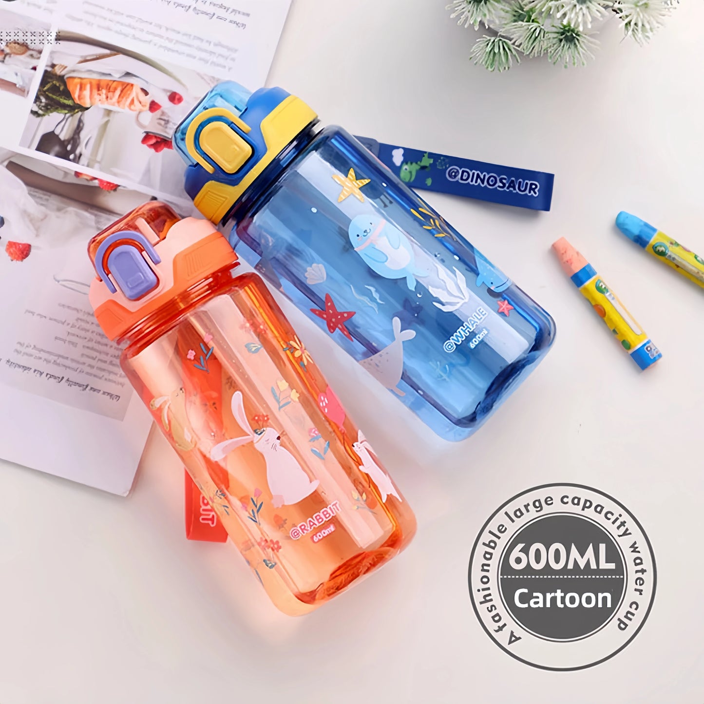 600ml Dinosaur Water Bottle for Kids, Leakproof Sippy Cup with Silicone Straw