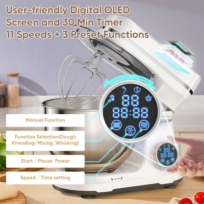 BioloMix 1200W Kitchen Stand Mixer with 11 Speeds, Dough Hook & Whisk, OLED Screen