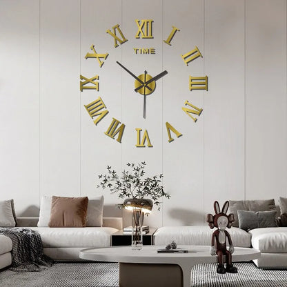 3D Acrylic Digital Wall Clock - Roman Numerals Mirror Design, Large Round DIY Self-Adhesive Clock