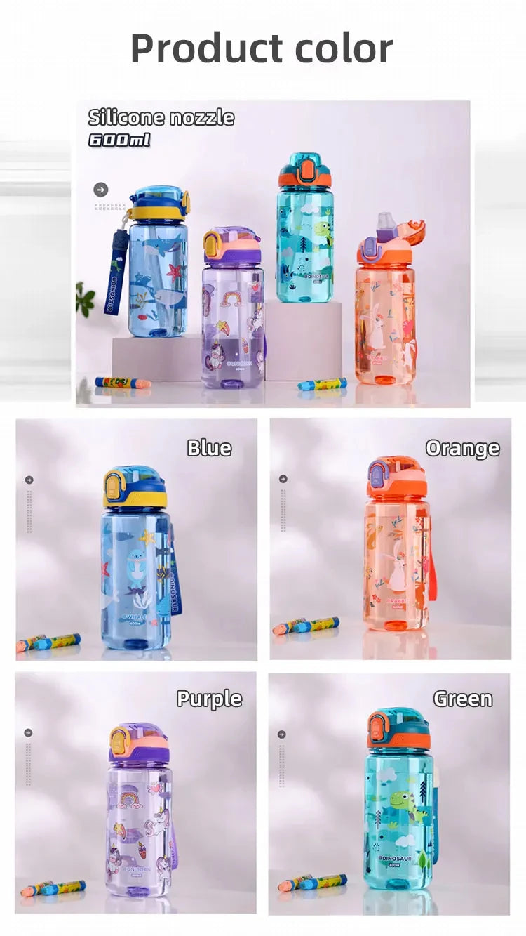 600ml Dinosaur Water Bottle for Kids, Leakproof Sippy Cup with Silicone Straw