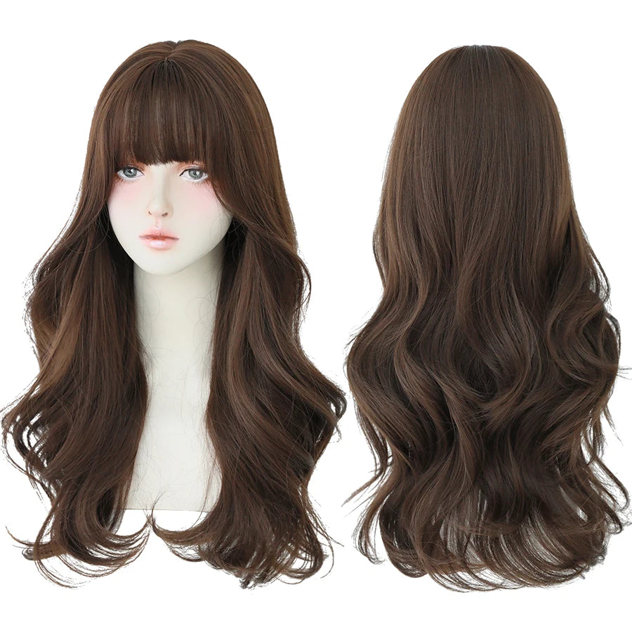 7JHH Popular Brown Ash Long Deep Wave Wig with Bangs for Women