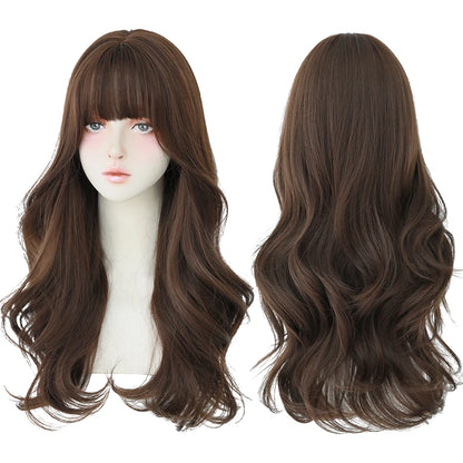 7JHH Popular Brown Ash Long Deep Wave Wig with Bangs for Women