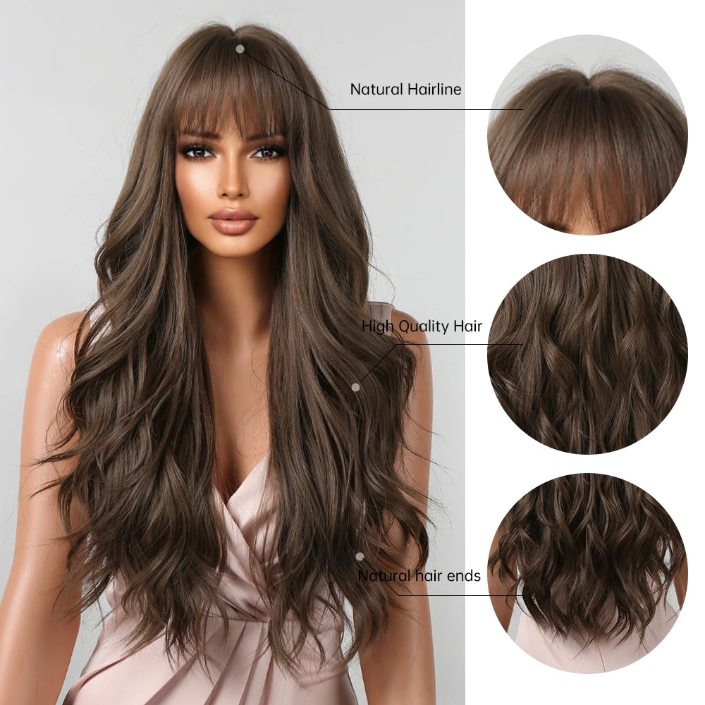 Brown Wavy Wig with Bangs for Women Heat-Resistant Synthetic Hair Cosplay