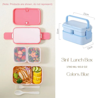 2-Layer Bento Box with Handle, Large Capacity Leak-Proof Lunch Box for Kids, Microwave Safe