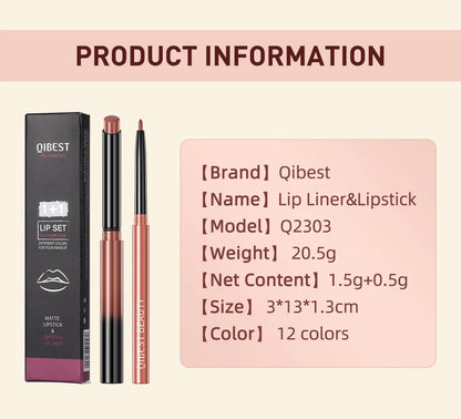 QIBEST 2PC Matte Velvet Lipstick & Lipliner Set - Long Lasting Red Lip Contour Pencil