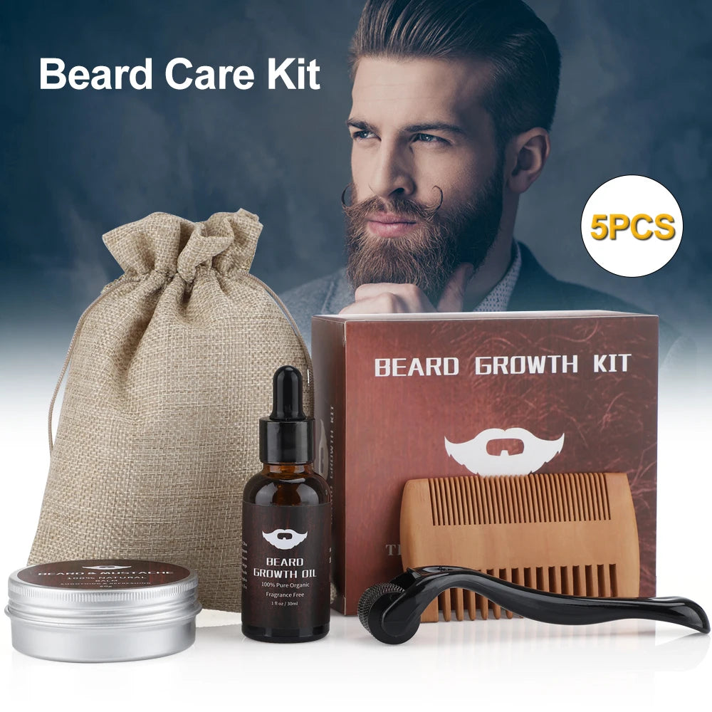 Beard Growth Kit for Men - Essential Oil, Moisturizing Wax, Growth Roller, Comb, and Styling Scissors for Beard Care